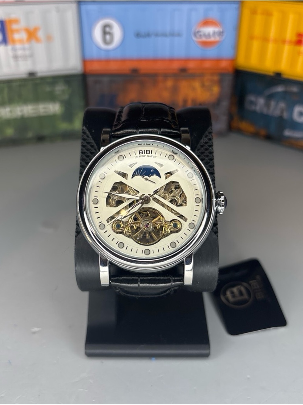BiBi Automatic Cream Dial Skeleton Watch with Black Strap